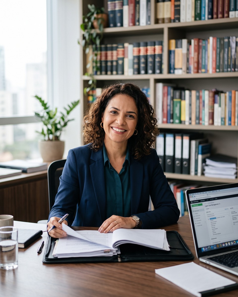 Advogada revisando um dossiê em seu escritório